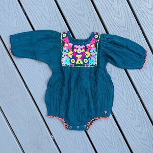 NWOT Pink Chicken Cotton Gauze Bubble Onesie Romper with Neon Embroidery